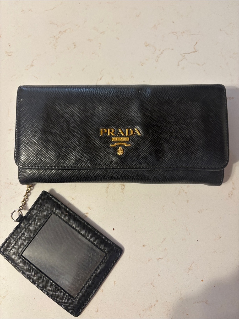 Prada Black Leather Continental Wallet with Gold Logo and Cardholder